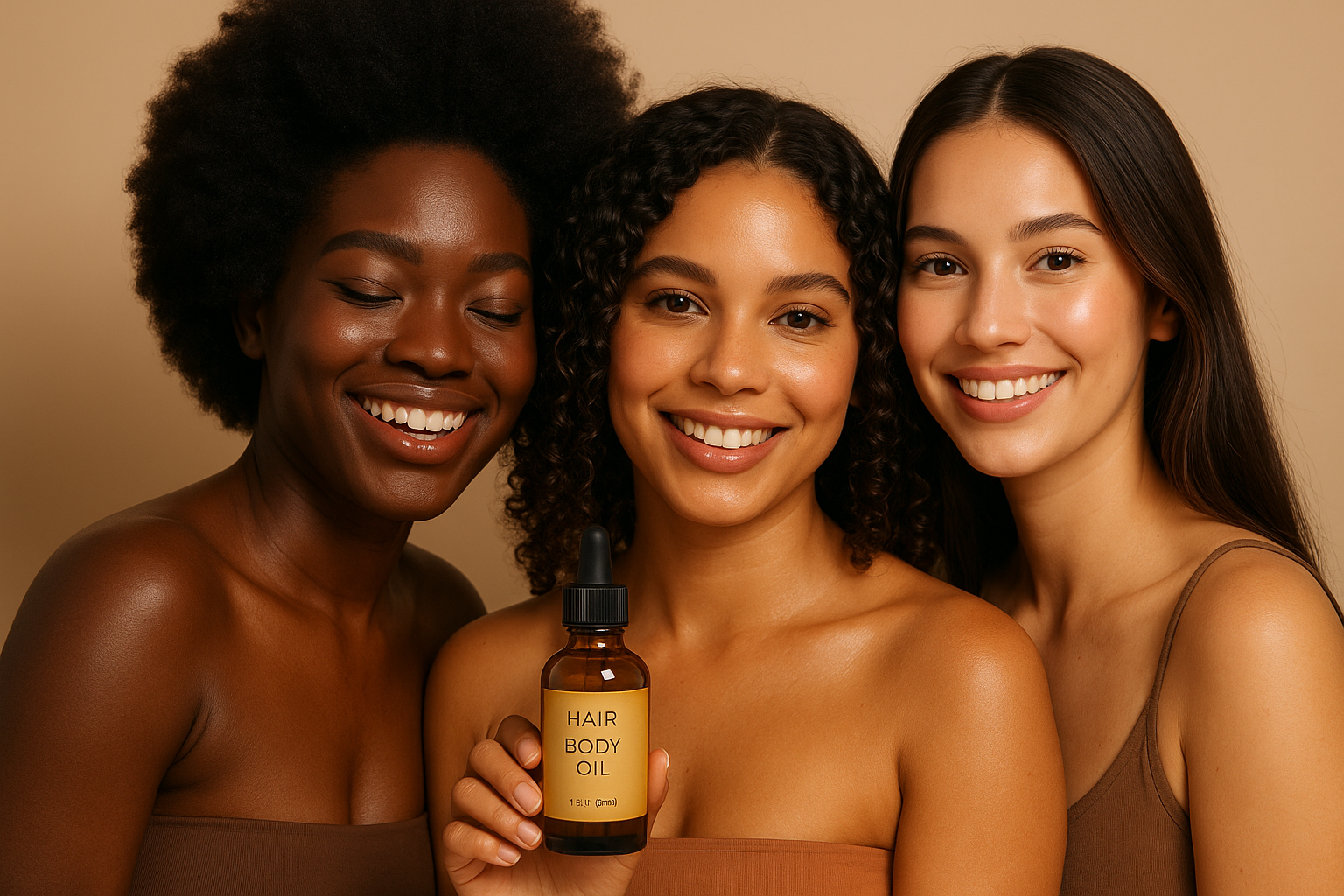hair and body oil with one black 3 black ladies with deferent hair and skin complexion smilling with nice beautiful healthy hair and skin tone